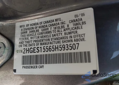 2005 Honda Civic Lx z USA, uszkodzony, nr VIN 2HGES15565H593507